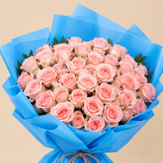 100 Light Pink Roses – Bright Blue Wrap – Flori Mart Doha 3