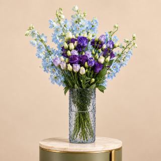 Blue Delphinium & Purple Eustoma Glass Vase | Flori Mart 4