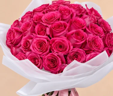 Deep Pink Rose Bouquet with White Wrap | 25 Roses 3
