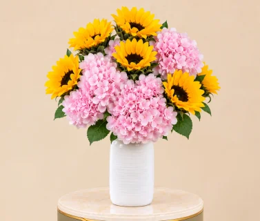 Pink Hydrangea & Sunflower Arrangement in White Vase SEO Title – Arabic 1