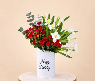 Red Spray Roses & White Alstroemeria with Eucalyptus in Birthday Box