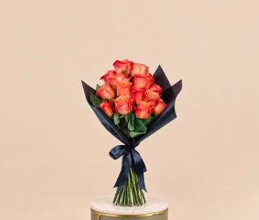 Orange Rose Bouquet with Black Wrap | 15 Roses