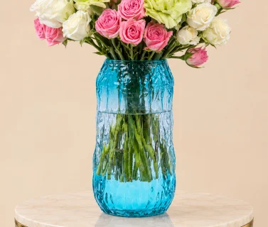 Pink & White Roses with Green Carnations in Blue Glass Vase 2