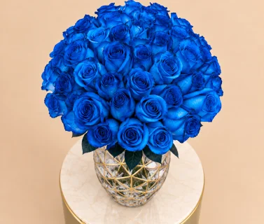 Blue Roses in Gold Geometric Glass Vase 4