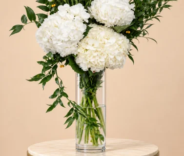 White Hydrangea & White Lisianthus in Clear Glass Vase 2