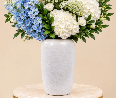 White Hydrangea & Blue Delphinium in White Vase 2