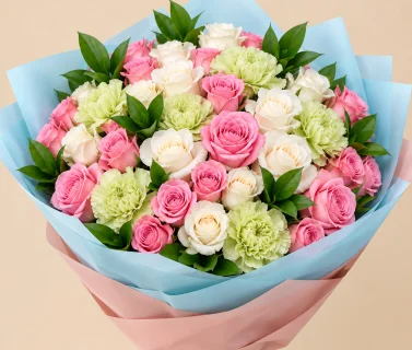 Pink & White Rose Bouquet with Green Carnations 3