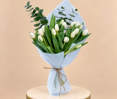 White Tulip Bouquet with Eucalyptus | 15 Tulips