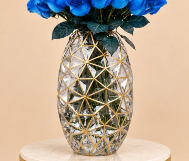 Blue Roses in Gold Geometric Glass Vase 3