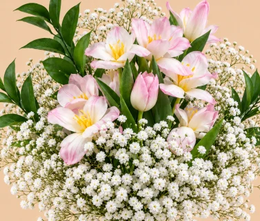 Pink Tulips & Baby’s Breath in Clear Glass Vase 4