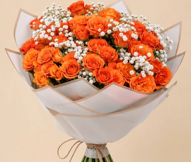 Orange Rose Bouquet with Baby’s Breath & White Wrap 3