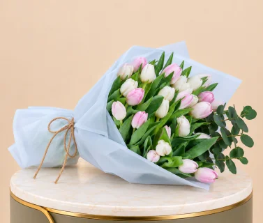 Pink & White Tulip Bouquet with Eucalyptus