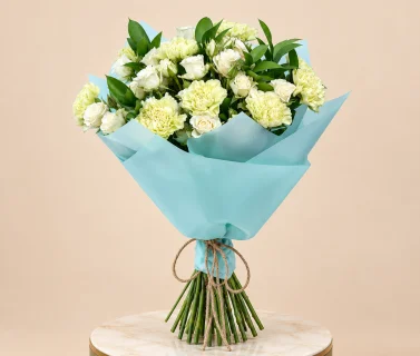 White Rose Bouquet with Green Carnations | 25 Roses