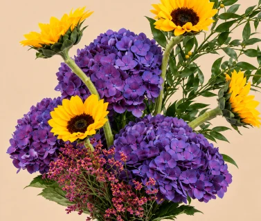 Purple Hydrangea & Sunflower in White Vase 4