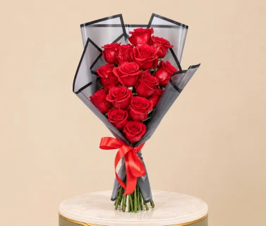 Red Rose Bouquet with Black Wrap | 15 Roses