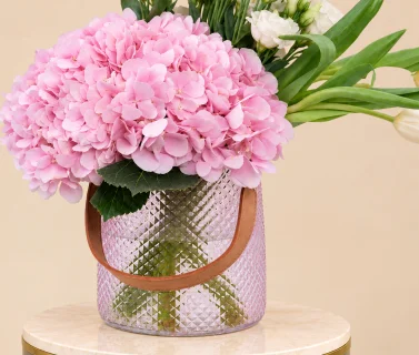 Pink Hydrangea, White Lisianthus & White Tulips in Glass Vase 3