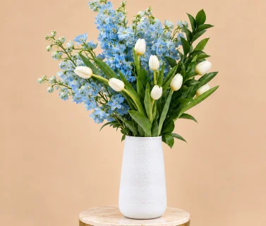 Blue Delphinium & White Tulips in White Vase 1