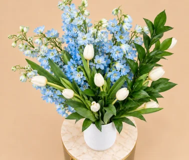 Blue Delphinium & White Tulips in White Vase 3
