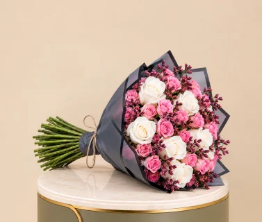 Pink & White Rose Bouquet with Black Wrap 2