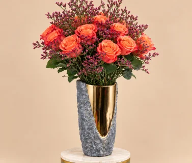 Orange Roses with Purple Statice in Grey & Gold Vase 2
