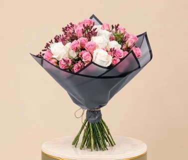Pink & White Rose Bouquet with Black Wrap 1