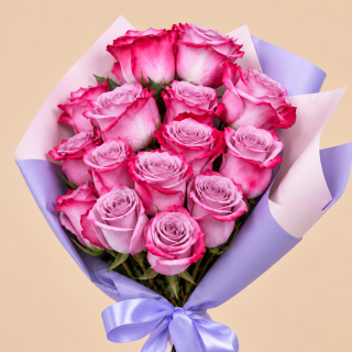 Pink & Lilac Rose Bouquet with Lilac Wrap | 15 Roses 3