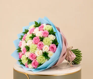 Pink & White Rose Bouquet with Green Carnations 2