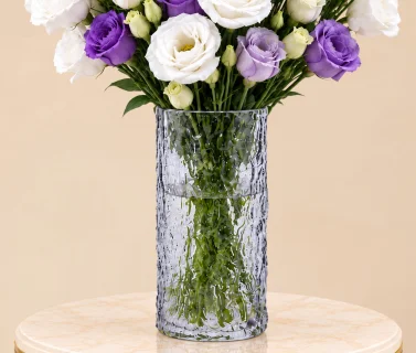 White & Purple Lisianthus in Textured Glass Vase 3