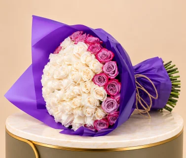 White & Pink Rose Bouquet with Purple Wrap | 100 Roses 2