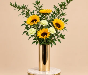 Sunflower & Green Carnation in Gold Vase 1
