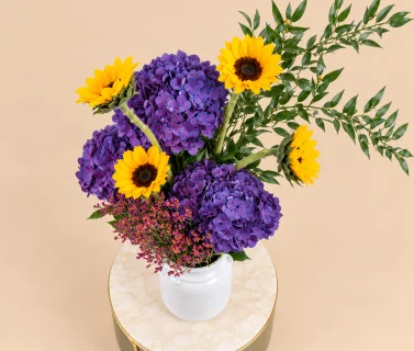 Purple Hydrangea & Sunflower in White Vase 3