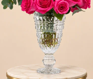 Deep Pink Roses with Eucalyptus in Crystal Glass Vase 2