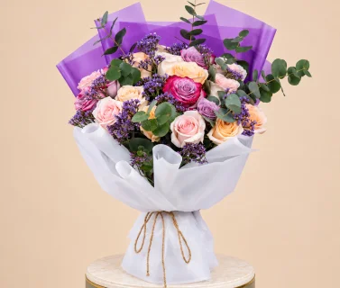 Pink, Peach & Purple Rose Bouquet with Eucalyptus