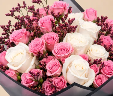 Pink & White Rose Bouquet with Black Wrap 4