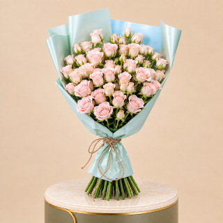 Pink Rose Bouquet with Blue Wrap | 100 Roses 1