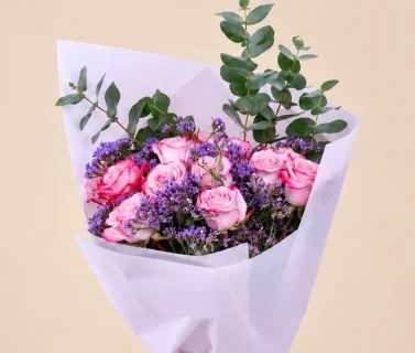 Pink Rose Bouquet with Purple Statice & Eucalyptus | 15 Roses 2