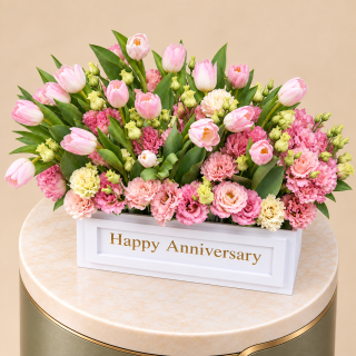 Pink Tulip & Eustoma Flower Box – Happy Anniversary 2