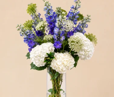 White Hydrangea & Blue Delphinium in Clear Glass Vase 3