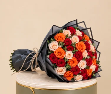 Red, Orange & Peach Rose Bouquet with Black Wrap 2