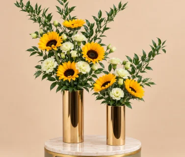 Sunflower & Green Carnation in Two Gold Vases 1