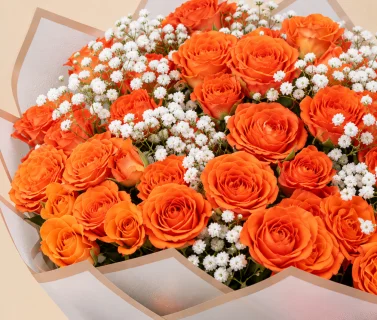 Orange Rose Bouquet with Baby’s Breath & White Wrap 4