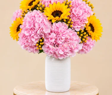 Pink Hydrangea & Sunflower Arrangement in White Vase SEO Title – Arabic 2