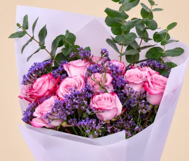 Pink Rose Bouquet with Purple Statice & Eucalyptus | 15 Roses 4
