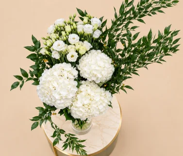 White Hydrangea & White Lisianthus in Clear Glass Vase 3