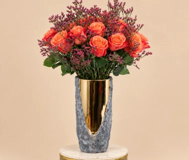 Orange Roses with Purple Statice in Grey & Gold Vase 1