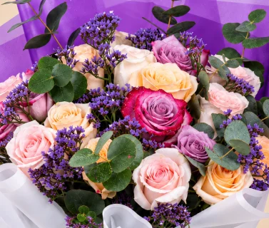Pink, Peach & Purple Rose Bouquet with Eucalyptus 4