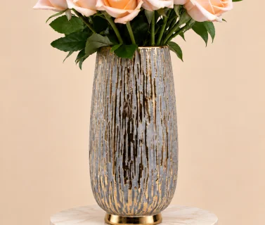 Peach Roses in Silver Vase with Gold Accents 2