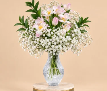 Pink Tulips & Baby’s Breath in Clear Glass Vase 1