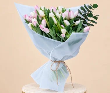 Pink & White Tulip Bouquet with Eucalyptus 2