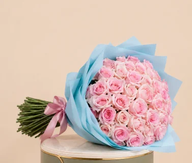 Pink Rose Bouquet with Blue Wrap | 100 Roses